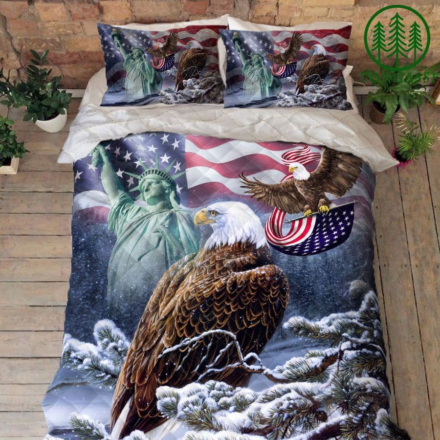 US Patriotic Eagle In Winter Snow Quilt Bedding Set