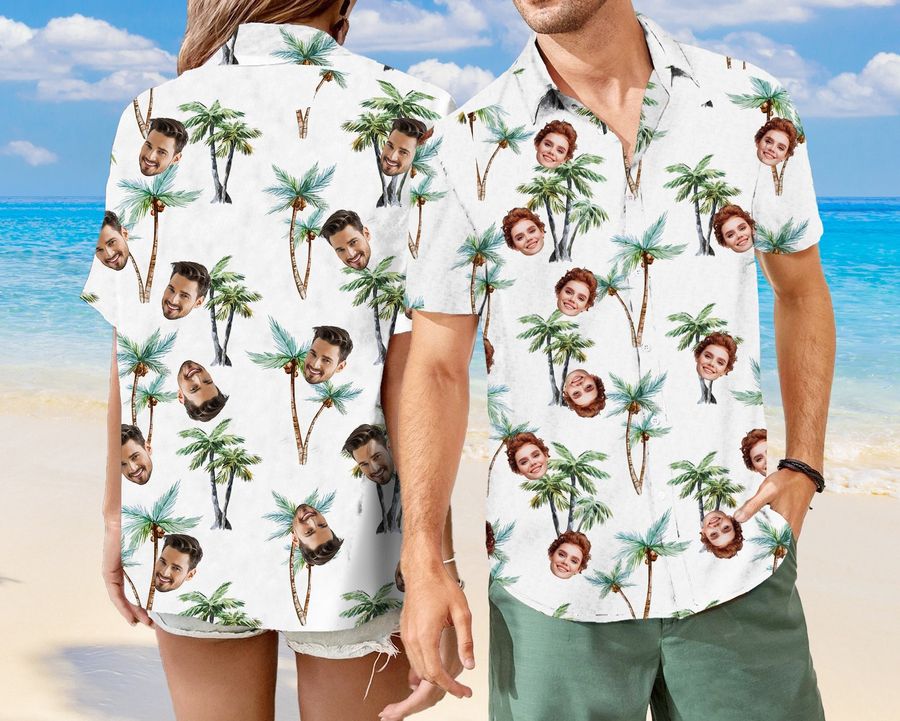 Vacation Style Hawaiian Shirts for Couple, Custom Summer Shirts with Face Custom, Beach Party Shirts for Men & Women, Casual Shirt Print-12
