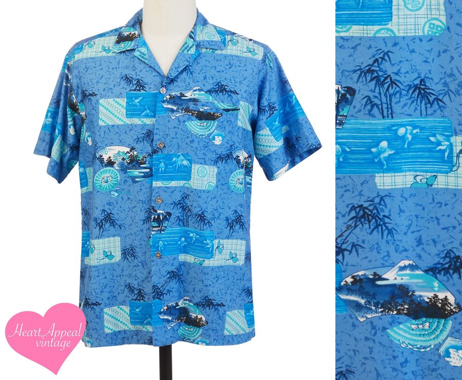 Vintage 1960s Tropicana Shirt  Blue Black White Asian Scenic Hawaiian Novelty Print Loop Collar Top L