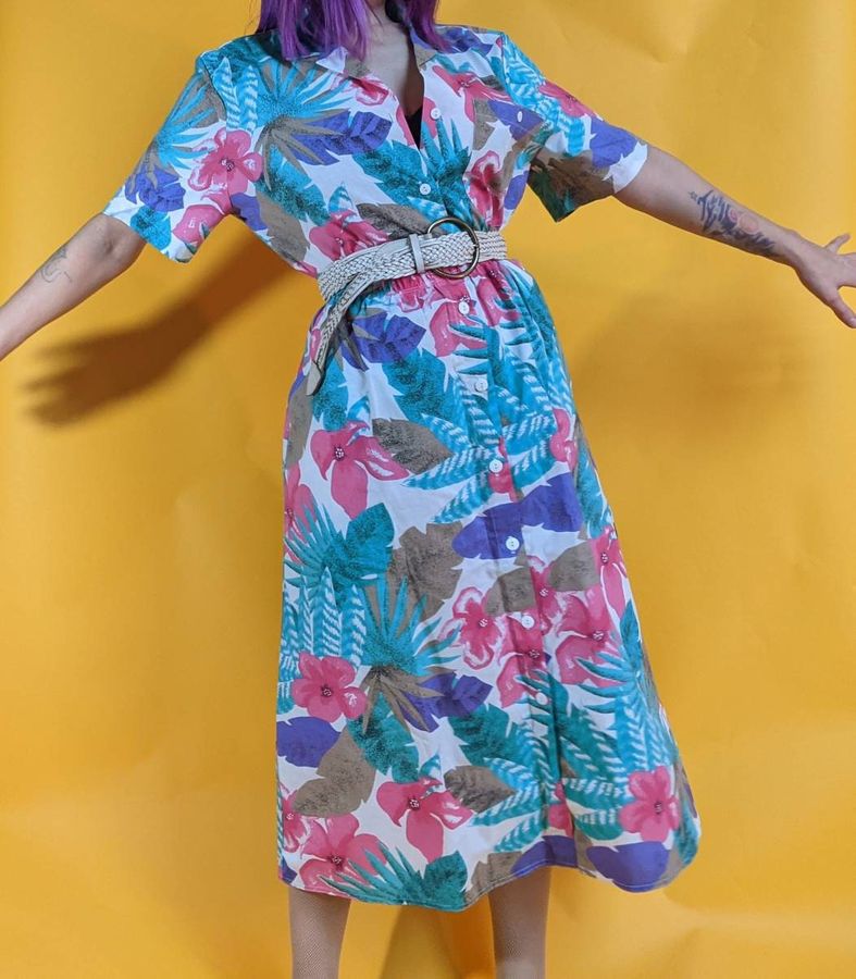 Vintage 1980s Two Piece Summer Set Floral Print Teal Pink and Purple Koret Francisca Skirt with Pockets and Button Up Shirt