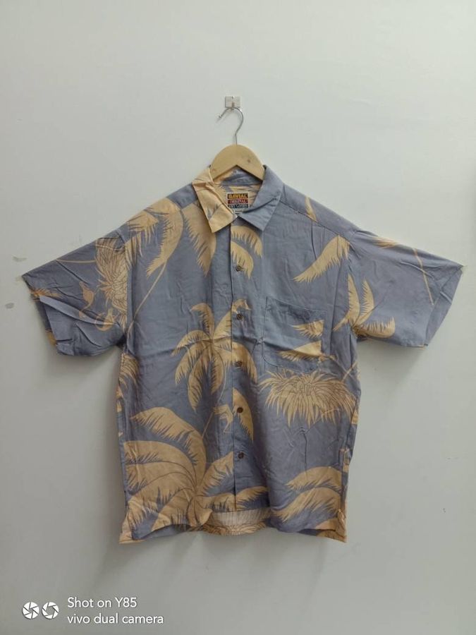 Vintage 90s GAVIAL ORIGINAL Dry Goods Hawaii shirt, Flower Fullprint,crane,simple beach,leaf, bird, hibiscus,Coconut, Wood Button(150)