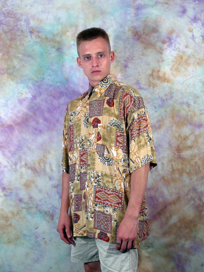 Vintage Abstract Men's Multicolor Shirt 90s 80s Retro Size XL Yellow Red White Full Zip Short Sleeve Casual Rave Streetwear Boho Hippie