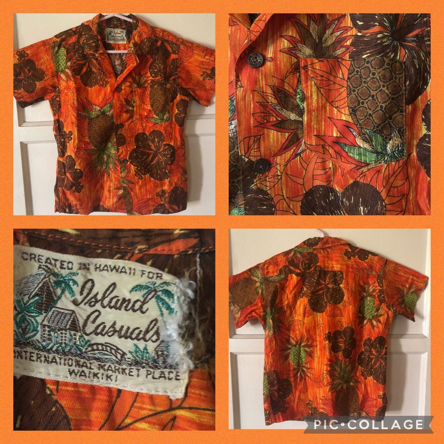 Vintage Boys Orange collared Hawaiian button down shirt 70s Island Casuals