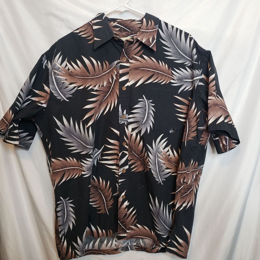 Vintage Cooke Street Honolulu Hawaiian Shirt Button Up Black Brown Leaves XL