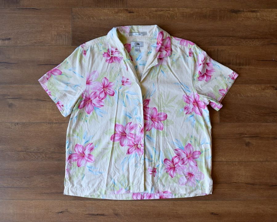 vintage floral hawaiian hibiscus print silk shirt size large