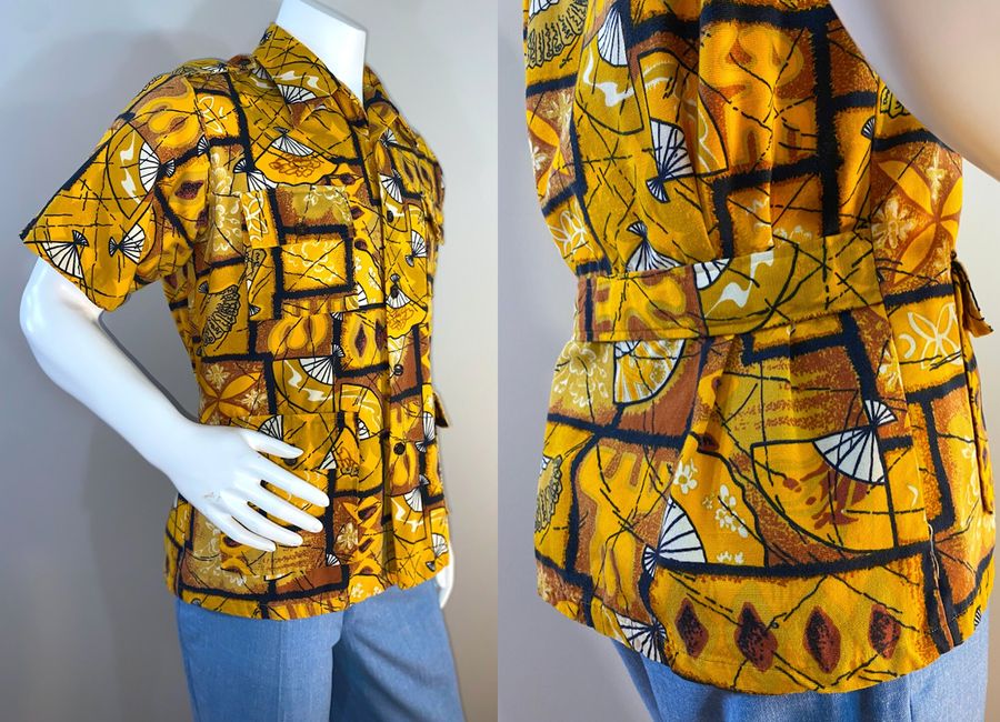 Vintage Goldenrod Men's Hawaiian Island Fashion Shirt with Fan Print, Patch Pockets, Belted Back and Epaulets