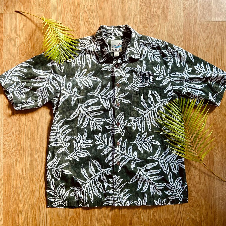 Vintage Hawaiian Fern Aloha Shirt  Kahala University of Hawaii Logo Hawaiian Shirt (Size L)