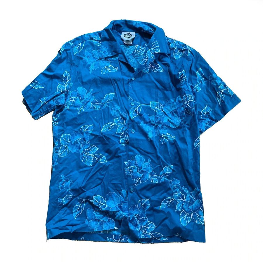 Vintage Hilo Hattie Mens Large Hawaiian Shirt Tropical Floral Tiki Green Blue