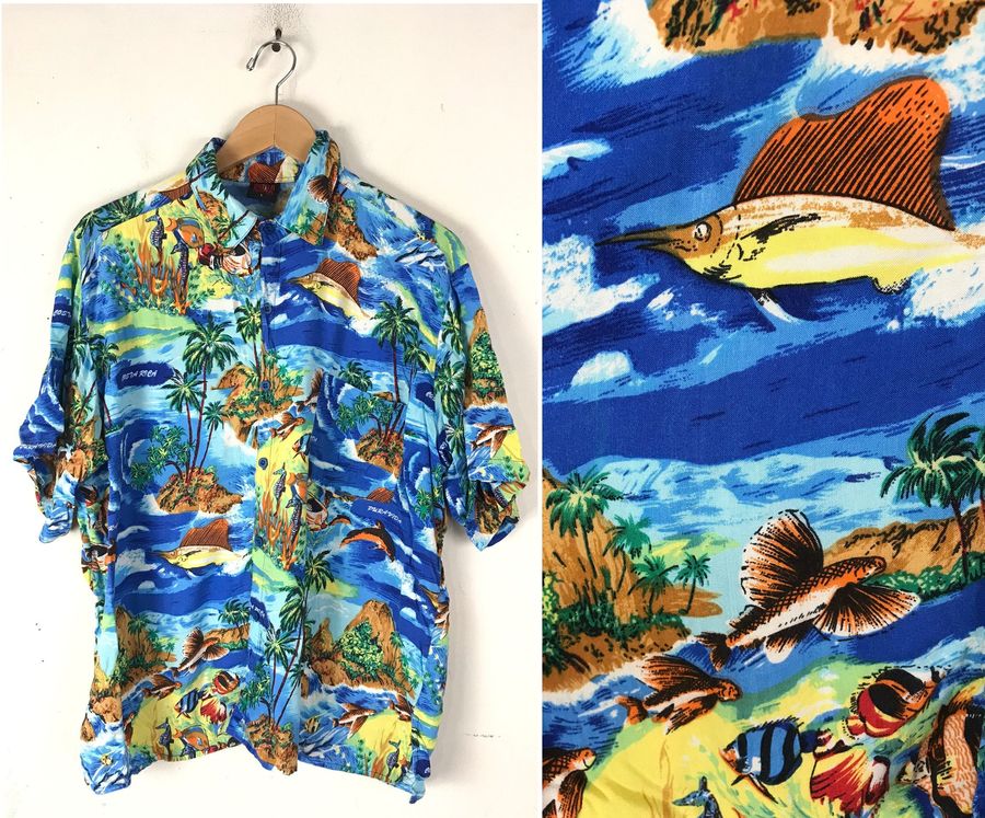 Vintage Mens Colorful Fish Shirt, Island Fish Hawaiian Shirt Large, Costa Rica Tropical Beach Hawaiian Shirt, Bold Wild Fish Hawaiian Shirt