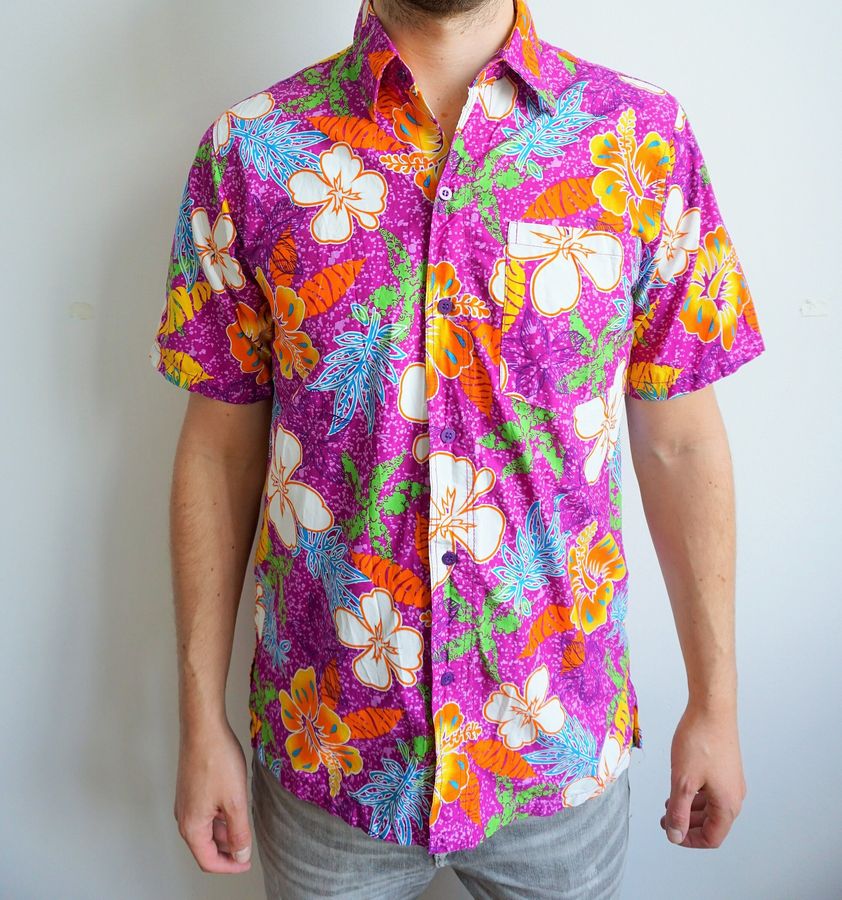 Vintage Mens Shirt  Hawaii  Medium  M  L  Vacation  Hawaiian  Shirts 90s  Pink  Boho  Hippie  Short sleeve  Hipster  Summer