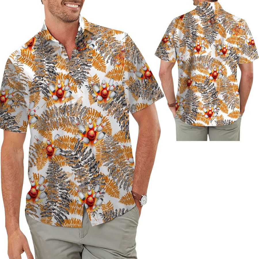 Vintage Retro Style Bowling Men Aloha Hawaiian Button Up Shirt For Sport Lovers At Beach On Summer Vacation Or Picnic Days