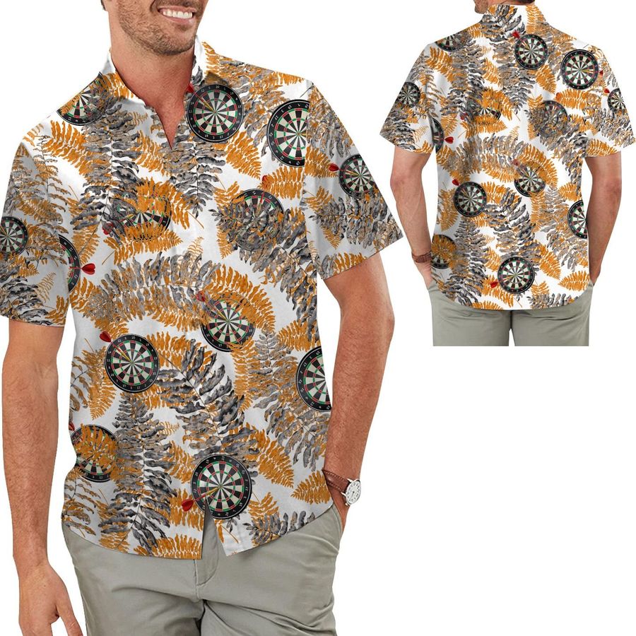 Vintage Retro Style Darts Men Aloha Hawaiian Button Up Shirt For Sport Lovers At Beach On Summer Vacation Or Picnic Days