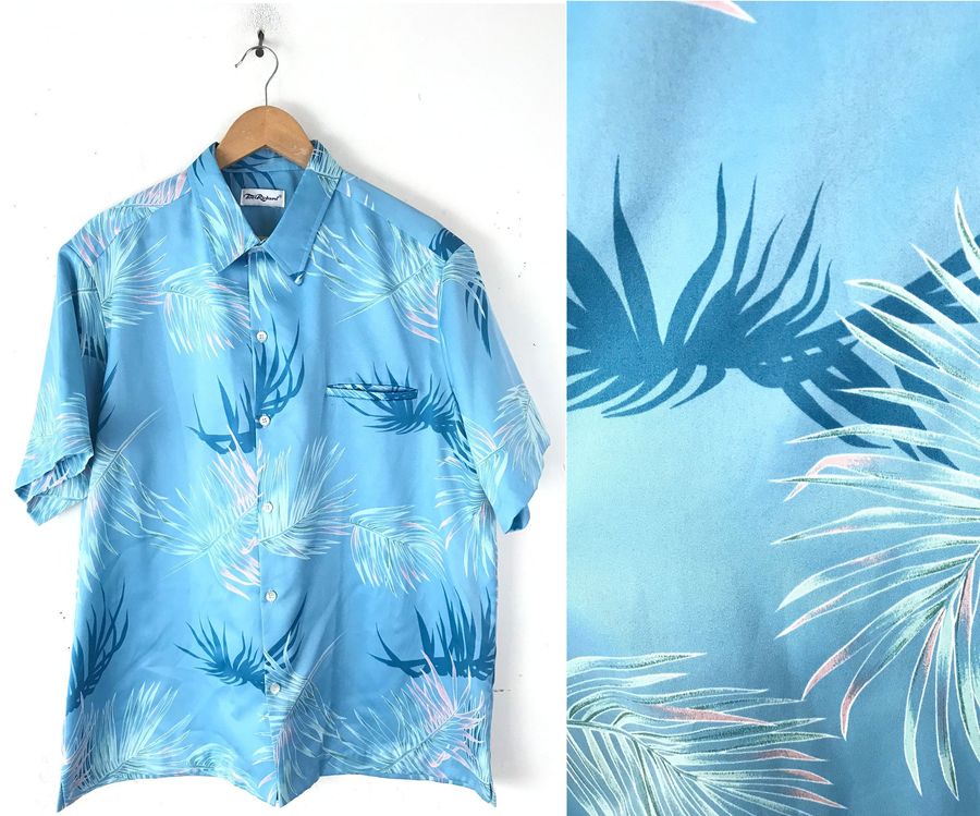 Vintage Tori Richard Hawaiian Shirt,  Blue & Pink Leaf Print Mens XXL, Bright Blue Tropical Hawaiian Shirt, Leaf Summer Beach Hawaiian Shirt