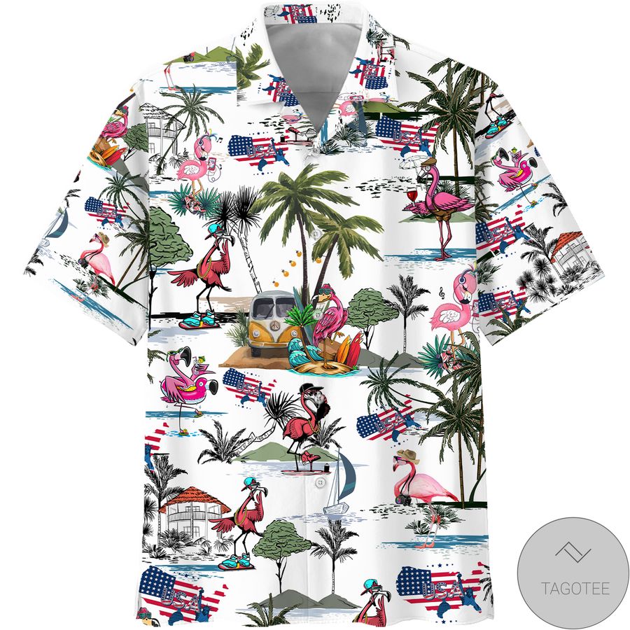 Vw Hippie Bus Flamingo Style Hawaiian Shirt
