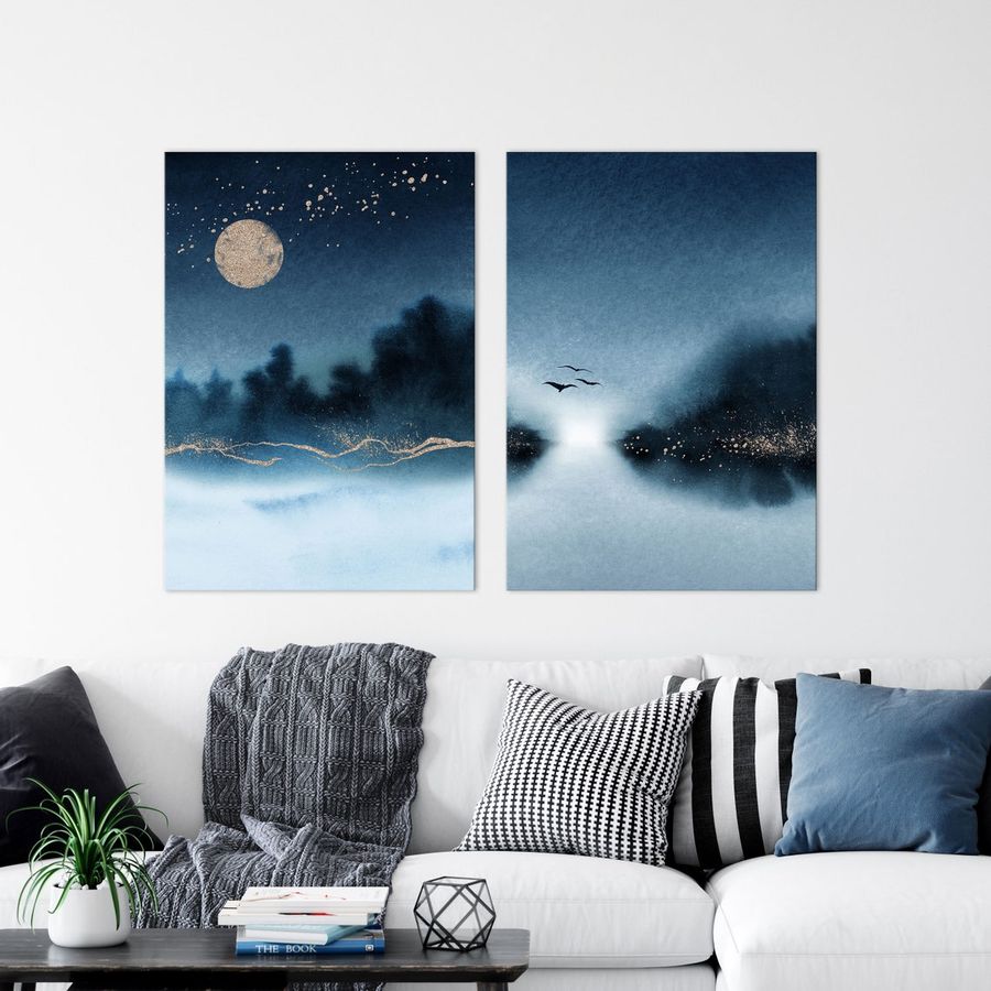 Watercolour Painting Set of 2, Abstract Mountain Art Lake 2 Pieces Bird Blue Gold Abstract Moon Landscape Birds set of 3 room decor