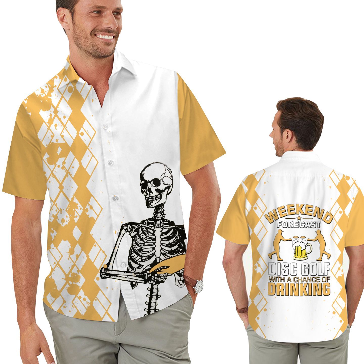 Weekend Forecast Disc Golf With A Chance Of Drinking Skeleton Men Hawaiian Shirt For Sport And Beer Lovers