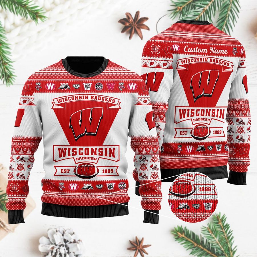 Wisconsin Badgers Football Team Logo Custom Name Personalized Ugly Christmas