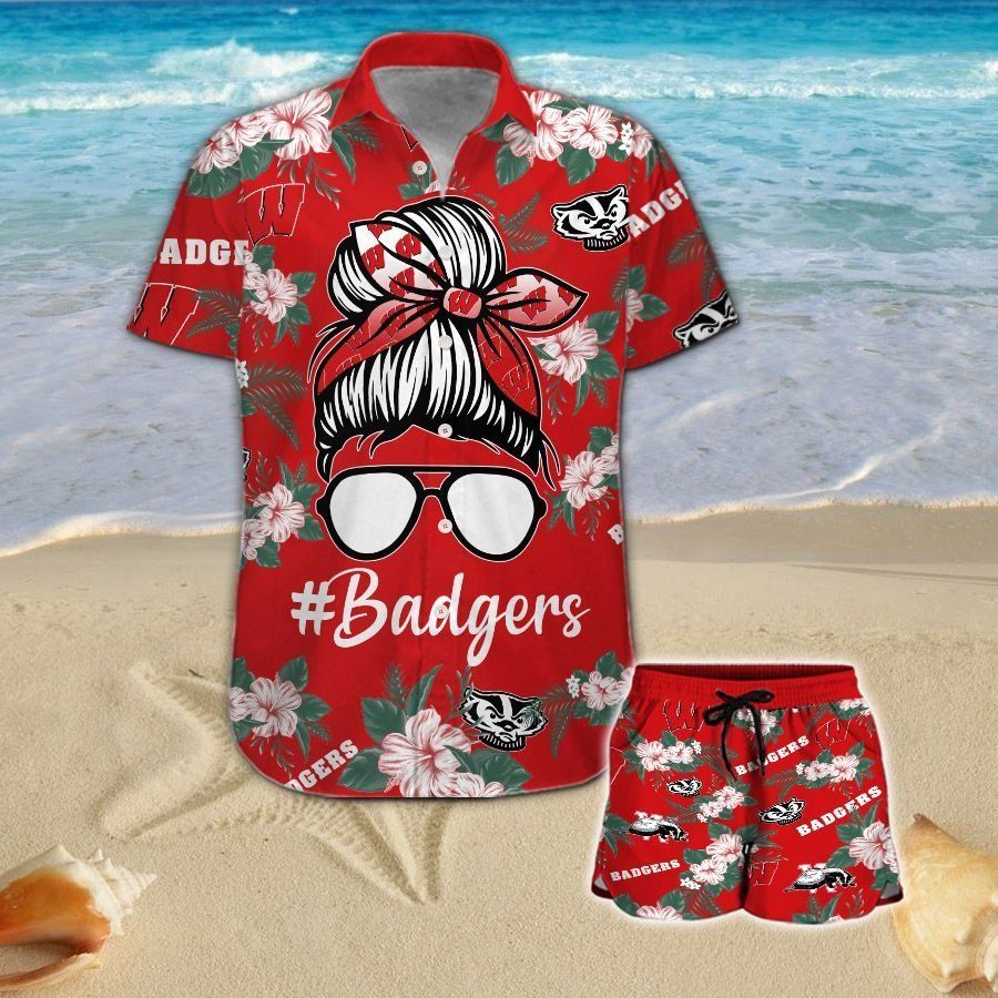 Wisconsin Badgers Girl Messy Bun Short Sleeve Button Up Tropical Aloha Hawaiian Shirts For Men Women