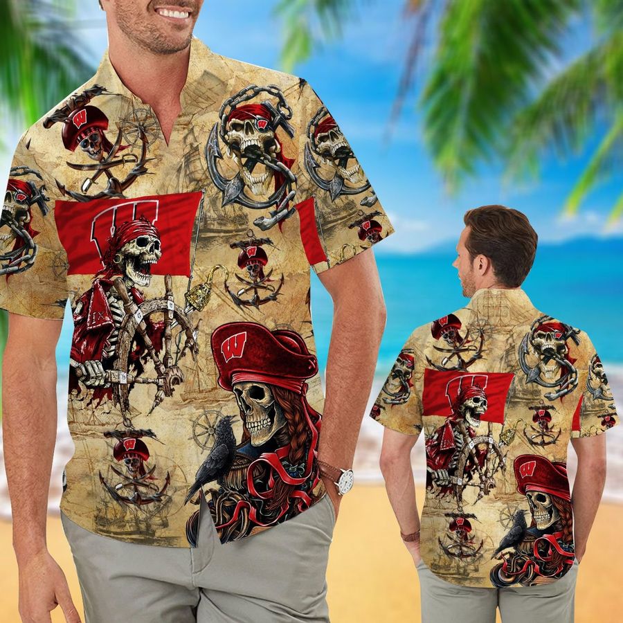 Wisconsin Badgers Pirates Aloha Hawaiian Button Up Shirt Retro Vintage Style Full Size For Sale