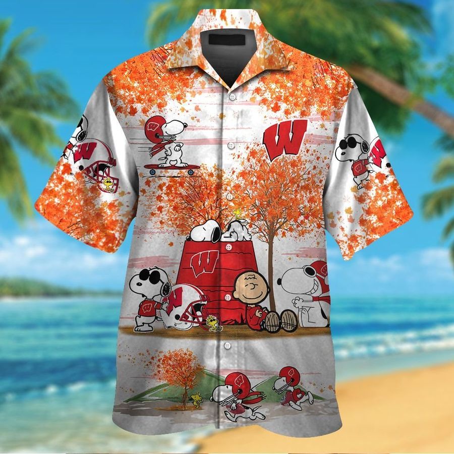 Wisconsin Badgers Snoopy Autumn Short Sleeve Button Up Tropical Aloha Hawaiian Shirts For Men Women