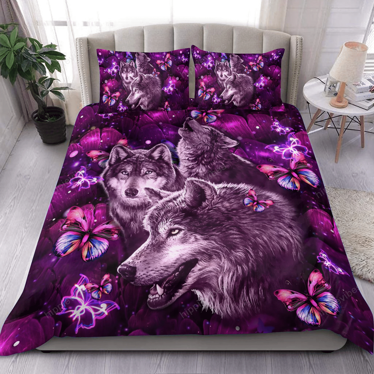 Wolf And Flower Butterfly Purple Bedding Set