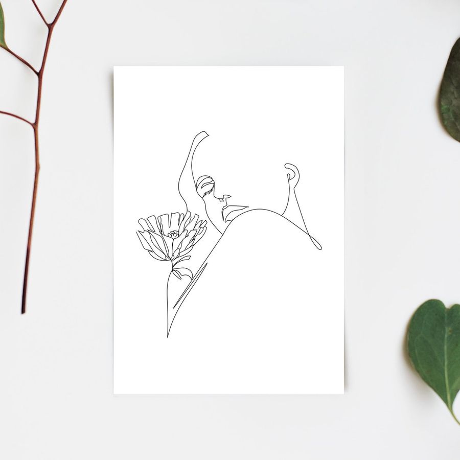 Woman Holding Flower Single Line Black and White Fine Art Print, Contemporary Lady Face Single Line Drawing, Minimalist Fashion Home Decor
