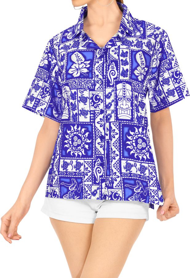 Women Hawaiian Shirt Beach Top Blouses Tank Aloha Boho Casual Holiday Printed Plus Sizes Women Casual Royal Blue Blouse Button Down Top