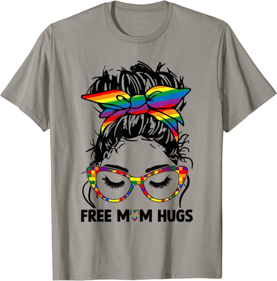 Womens Free Mom Hugs Messy Bun LGBT Pride Rainbow