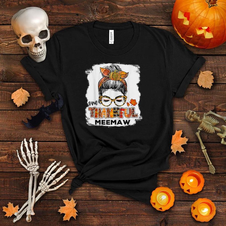Womens One Thankful Meemaw Fall Costume Leaves Autumn Thanksgiving T Shirt
