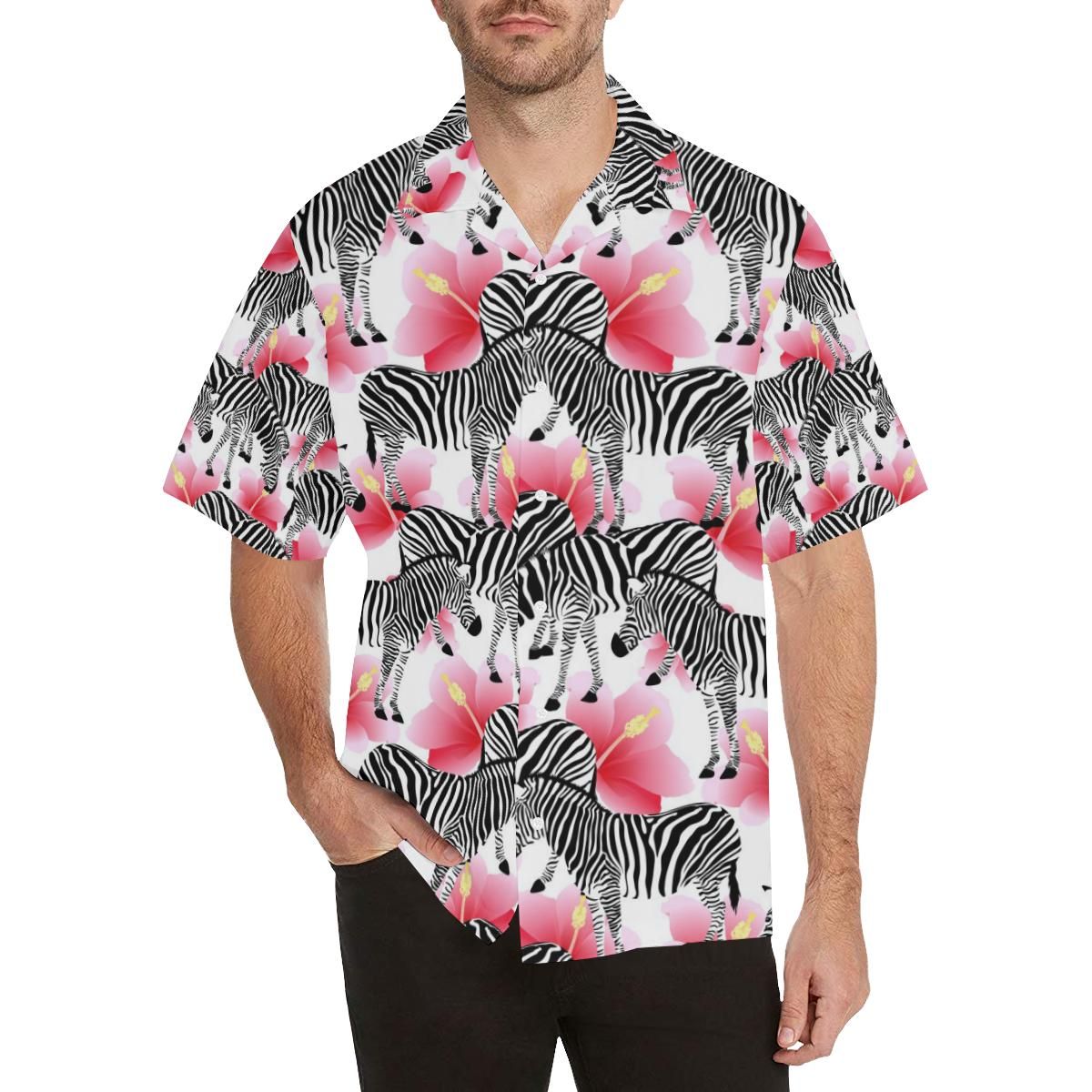 Zebra Red Hibiscus Pattern Men’s All Over Print Hawaiian Shirt