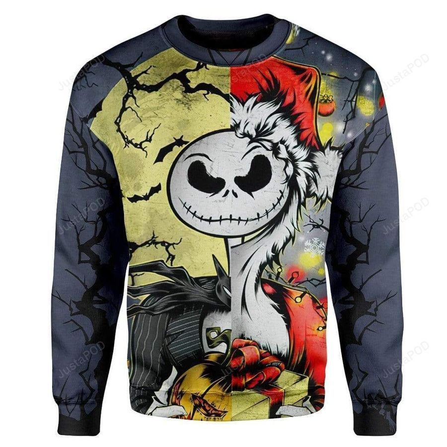 3D Jack Skellington Halloween And Grinch Christmas Sweatshirt Ugly Sweater