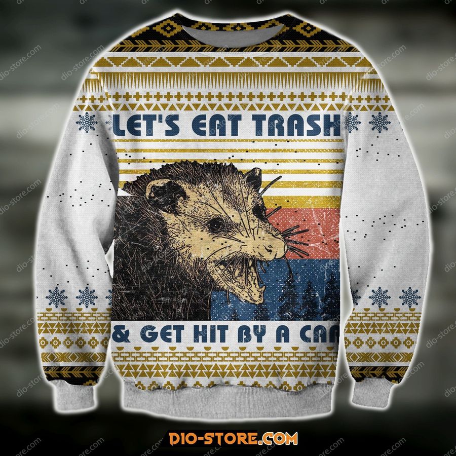 3D Knitting Pattern Lets Eat The Trash Get Hit By A Car Ugly Christmas Sweater Hoodie All Over Printed Cint10249, All Over Print, 3D Tshirt, Hoodie