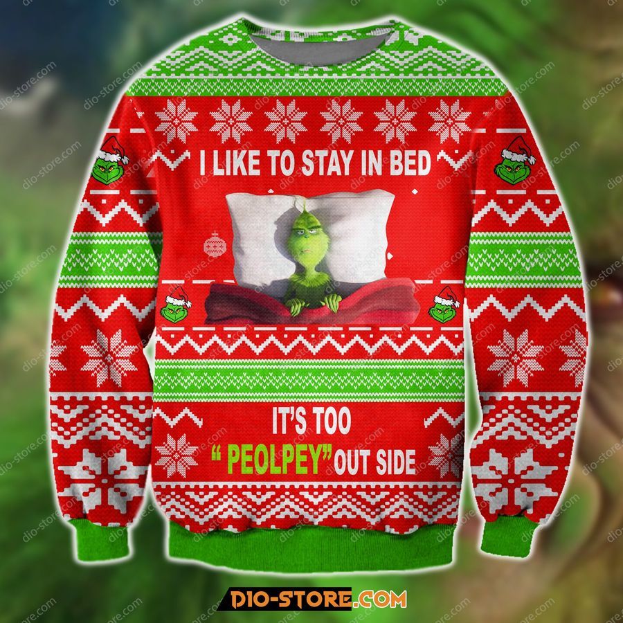 3D Print Knitting Pattern The Grinch I Like To Stay In Bed Ugly Christmas Sweater Hoodie All Over Printed Cint10256, All Over Print, 3D Tshirt