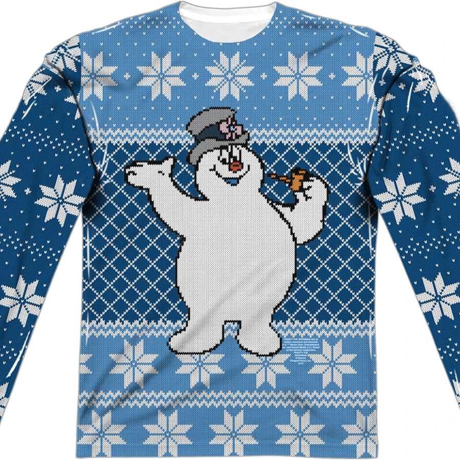 80 Tees Frosty The Snowman Faux Ugly Christmas Sweater Long Sleeve Tee