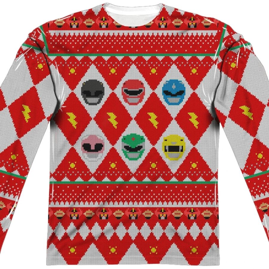 80 Tees Power Rangers Ugly Faux Christmas Sweater Long Sleeve Tee