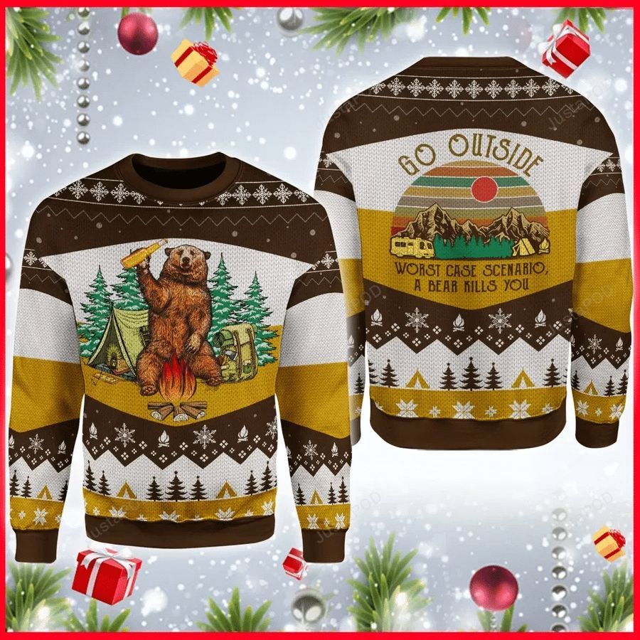 A Bear With Beer Vintage Camping Ugly Christmas Sweater All