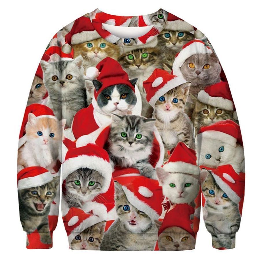 Adorable Cat With Red Hat 3D All Over Print Ugly Christmas Sweater Hoodie All Over Printed Cint10375, All Over Print, 3D Tshirt, Hoodie, Sweatshirt