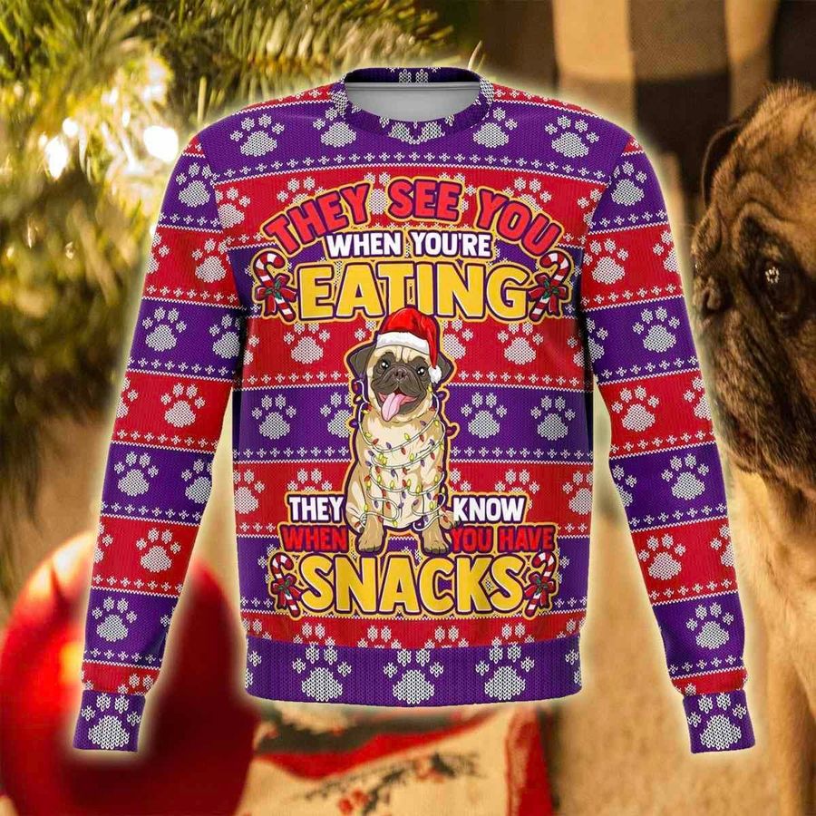 Adorable Pug Snacks 3D All Over Print Ugly Christmas Sweater, Ugly Sweater, Christmas Sweaters, Hoodie, Sweatshirt, Sweater