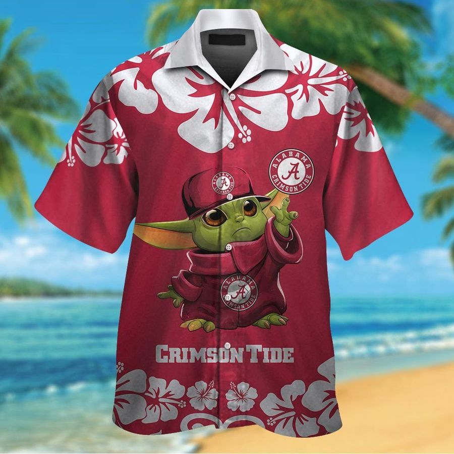 Alabama Crimson Tide Baby Yoda Short Sleeve Button Up Tropical Aloha Hawaiian Shirts For Men Women