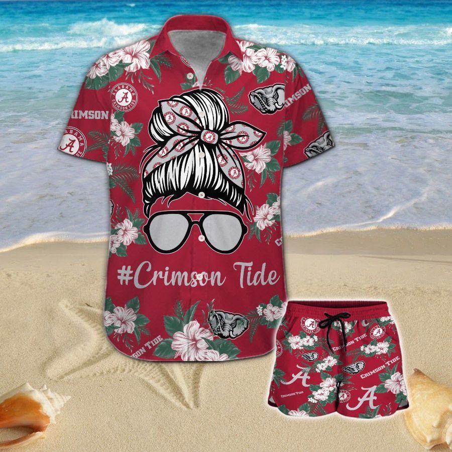Alabama Crimson Tide Girl Messy Bun Short Sleeve Button Up Tropical Aloha Hawaiian Shirts For Men Women