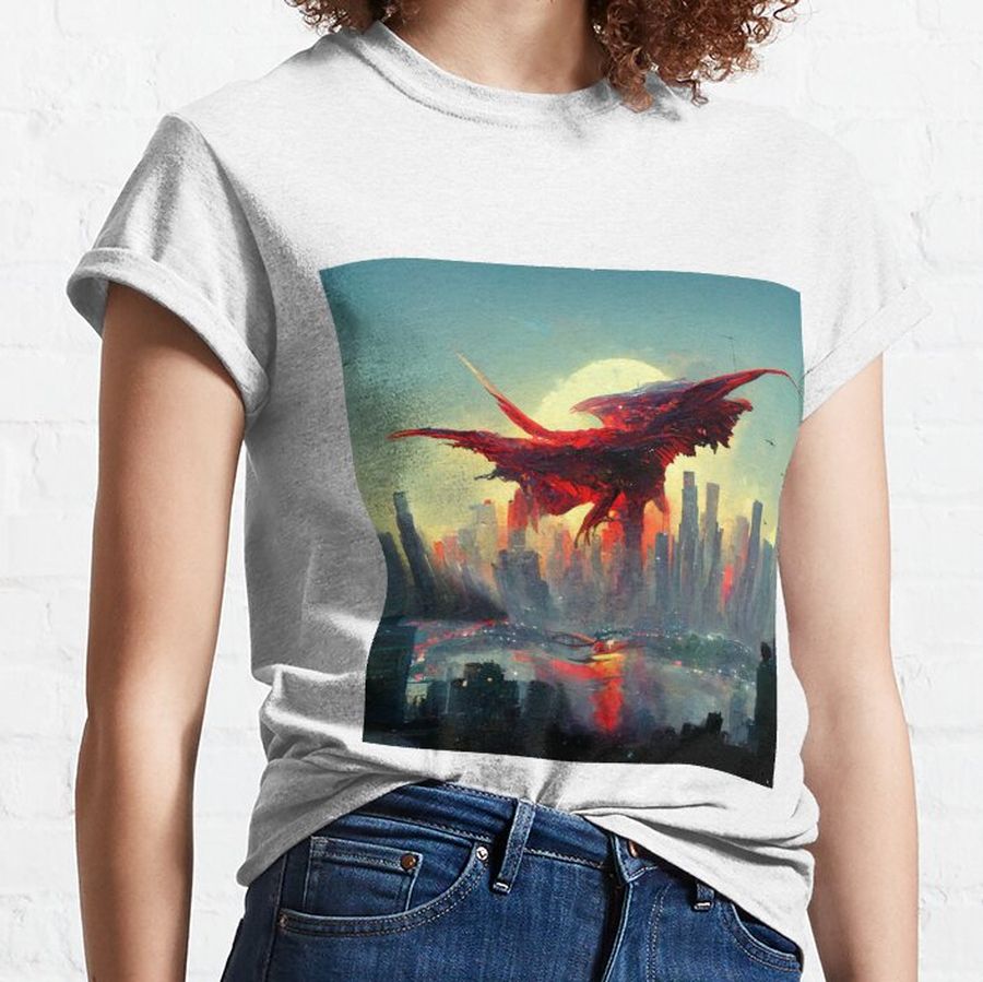 Alien red plasma dragon flying over big modern city Classic T-Shirt