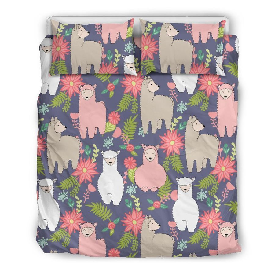 Alpaca Floral Pattern Print Duvet Cover Bedding Set