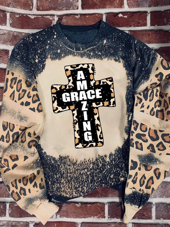 Amazing grace cross Leopard Bleached Sweater