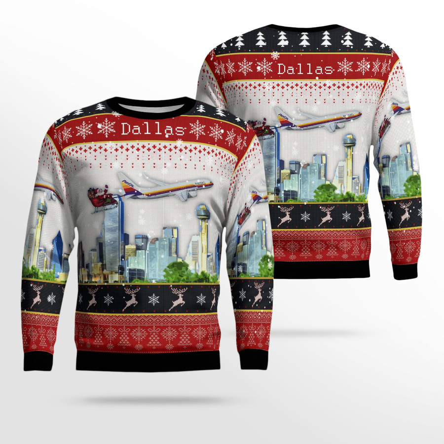 American Airlines Air Cal Heritage With Santa Over Dallas Christmas Ugly Sweater.png
