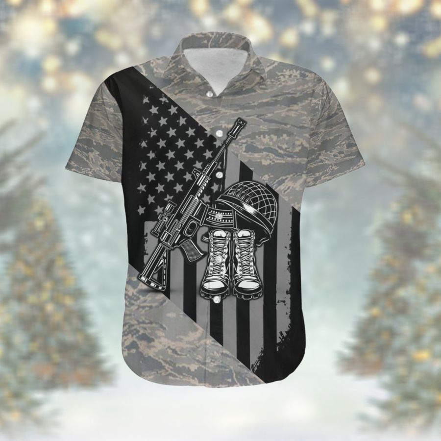 American Flag Veteran Military Symbols Camouflage Men Hawaiian Aloha Tropical Beach Button Up Shirt For Us Air Force