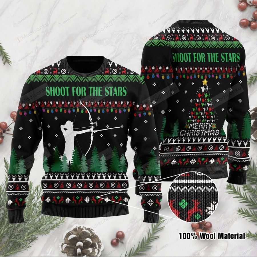 Archer Using Compound Bow With Sayings Shoot For The Stars For Unisex Ugly Christmas Sweater, All Over Print Sweatshirt