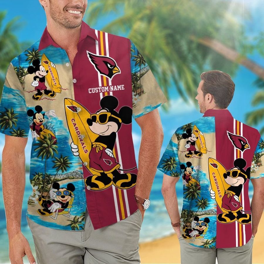 Arizona Cardinals Mickey Custom Name Short Sleeve Button Up Tropical Aloha Hawaiian Shirts For Men Women