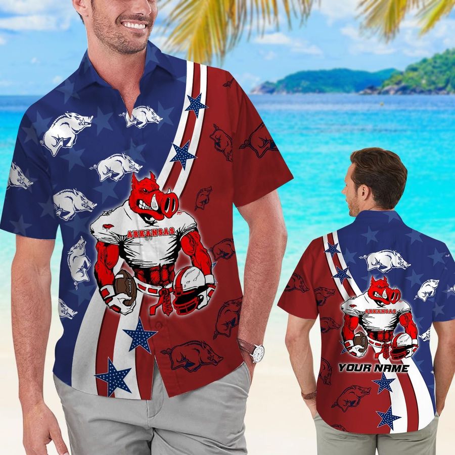 Arkansas Razorbacks American Flag Custom Name Men Women Short Sleeve Button Up Tropical Aloha Hawaiian Shirts For Men Women University Of Arkansas