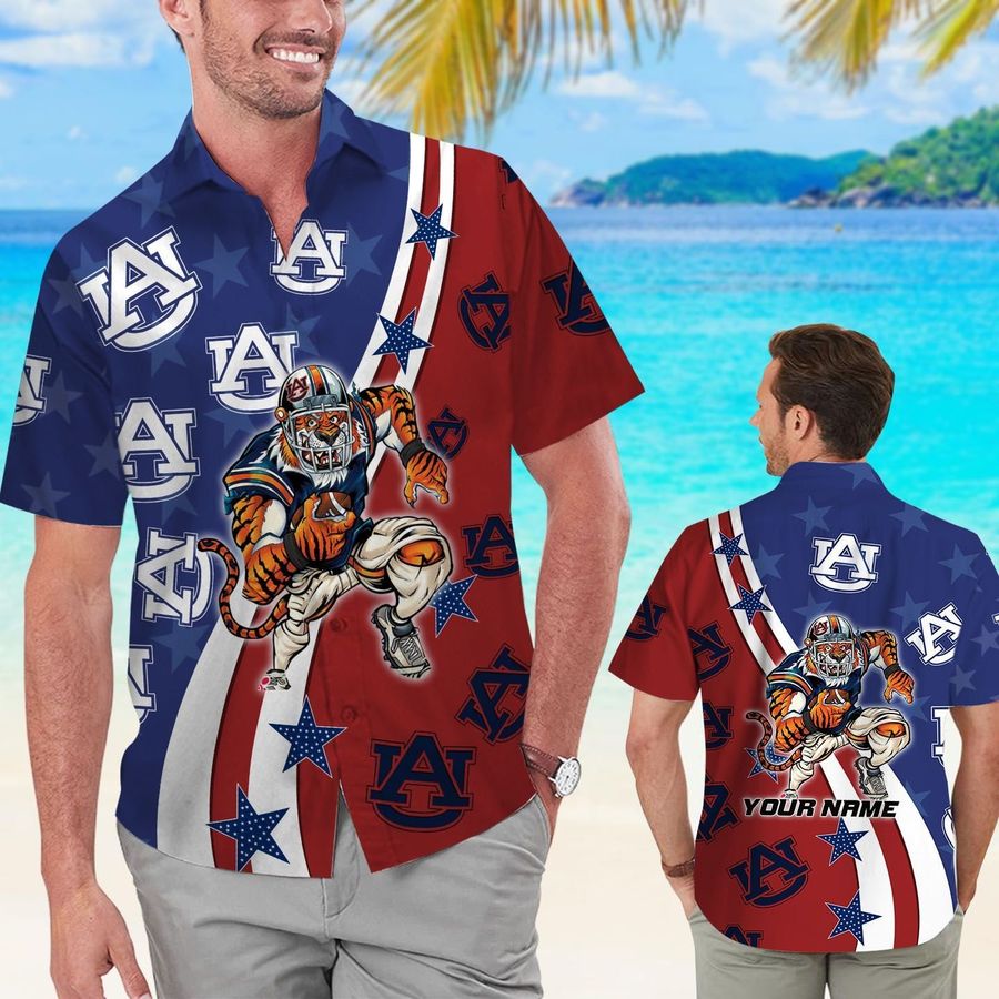 Auburn Tigers American Flag Custom Name Men Women Short Sleeve Button Up Tropical Aloha Hawaiian Shirts For Men Women Auburn University