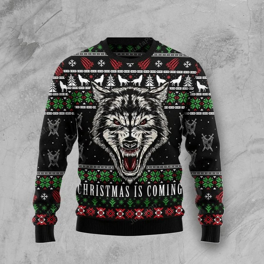 Awesome Wolf Christmas Is Coming Ugly Christmas Sweater All Over